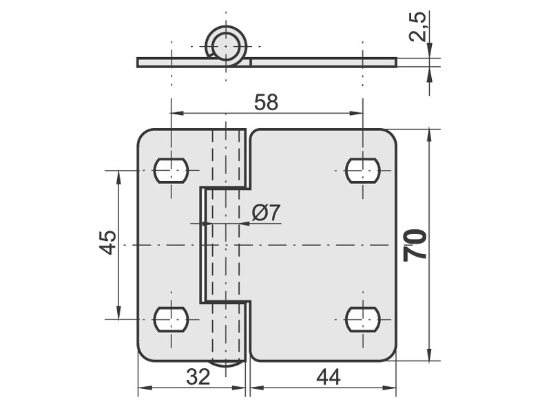 центральная дверная петля 44x70/ 2,5 мм 2