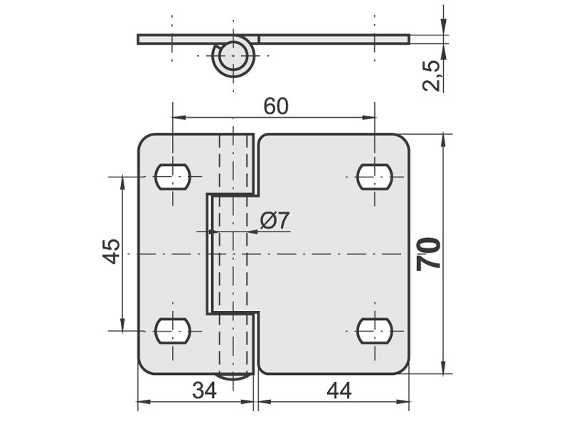 central hinge 44x34x70/2,5 mm 2