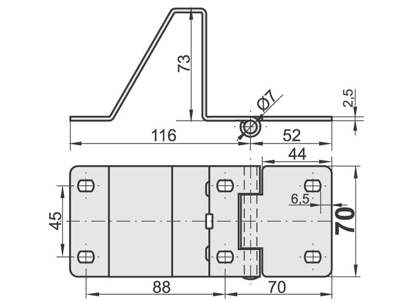 боковая дверная петля перевёрнутая 44x246/6,5 / 2,5 Ø7 мм комплект 2
